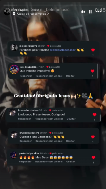 Print de comentários públicos elogiando o trabalho da Clarissa, com frases como trabalho impecável e parabéns